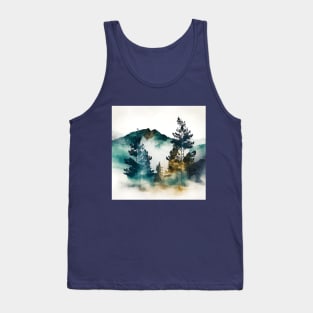 Misty Green Mountains and Trees Watercolor Tank Top